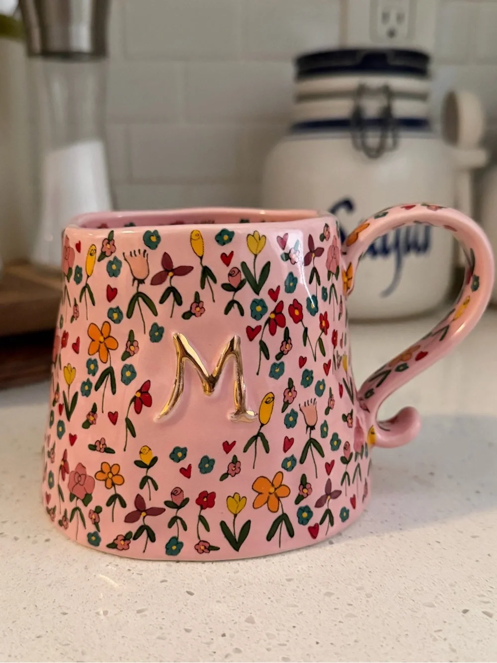 Anthro The Mud Fairy Stoneware 24k Gold Accent Monogram Mug M